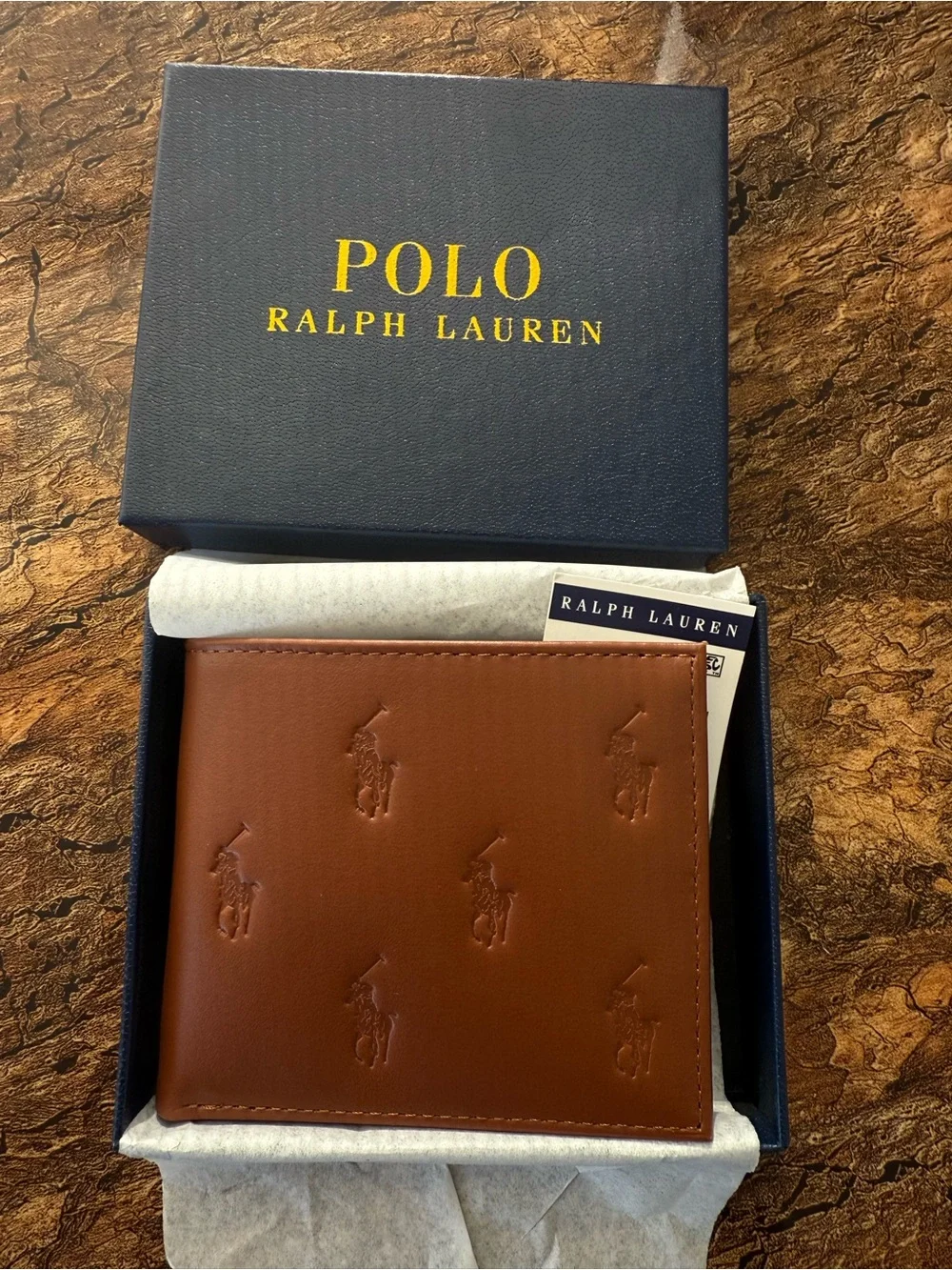 Ralph Lauren Brown Embossed Polo Leather Bifold Wallet